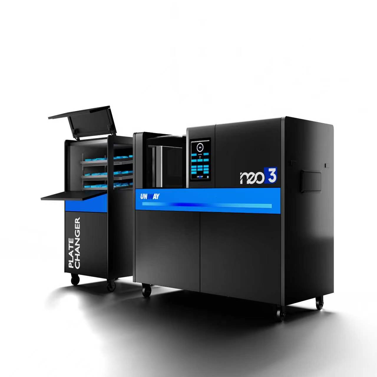 The Uniway NEO3 MJP wax 3D printer, with its illuminated blue front panel and touchscreen control